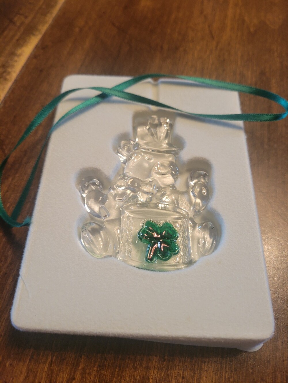 GALWAY IRISH CRYSTAL Teddy Ornament with Green Shamrock Ribbon